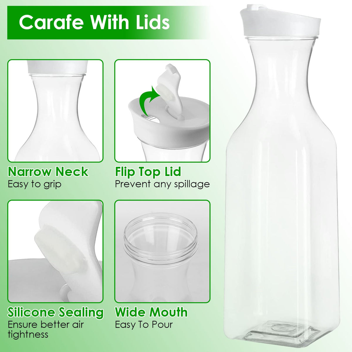 4 Pack 50Oz Water Carafes with Flip Top Lids Square Juice Containers for Fridge Plastic Clear Pitchers for Water Iced Tea Juice Lemonade Milk Cold Bre