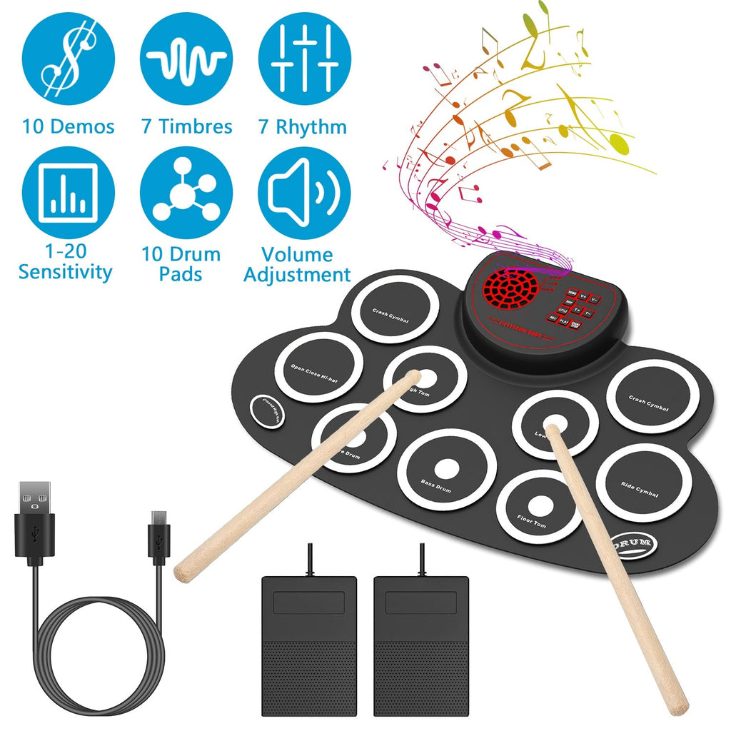 10 Pads Electric Drum Set Foldable 10-Drum SiliconÊDrum Kit Foldable Electronic Drum Pad Machine with Drum Sticks Headphone Jack Speaker Battery Dual-