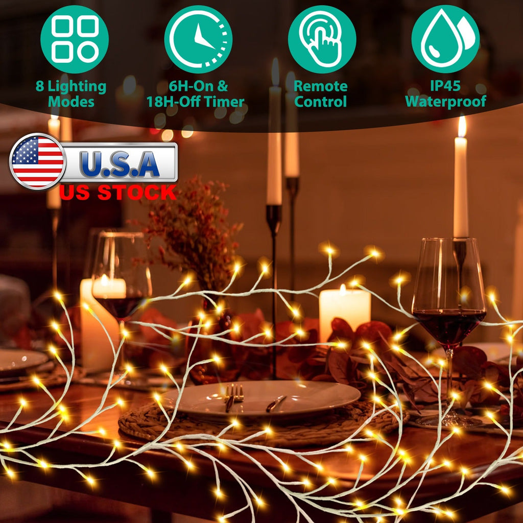 Lighted Birch Garland 7.87FT Lighted Twig Vine Lights 144LED Birch Garland with Lights String Light with Timer 8 Modes IP45 Waterproof for Christmas F