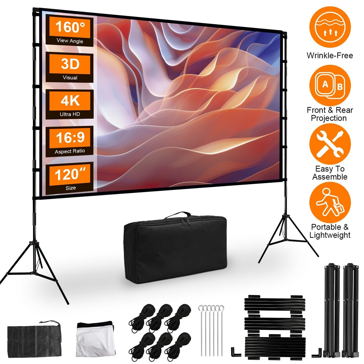 120inch Projector Screen with Stand 16:9 4K HD Rear Front Wrinkle-Free Portable And Foldable Movie Screen with Carry Bag For Indoor Outdoor Home Theat