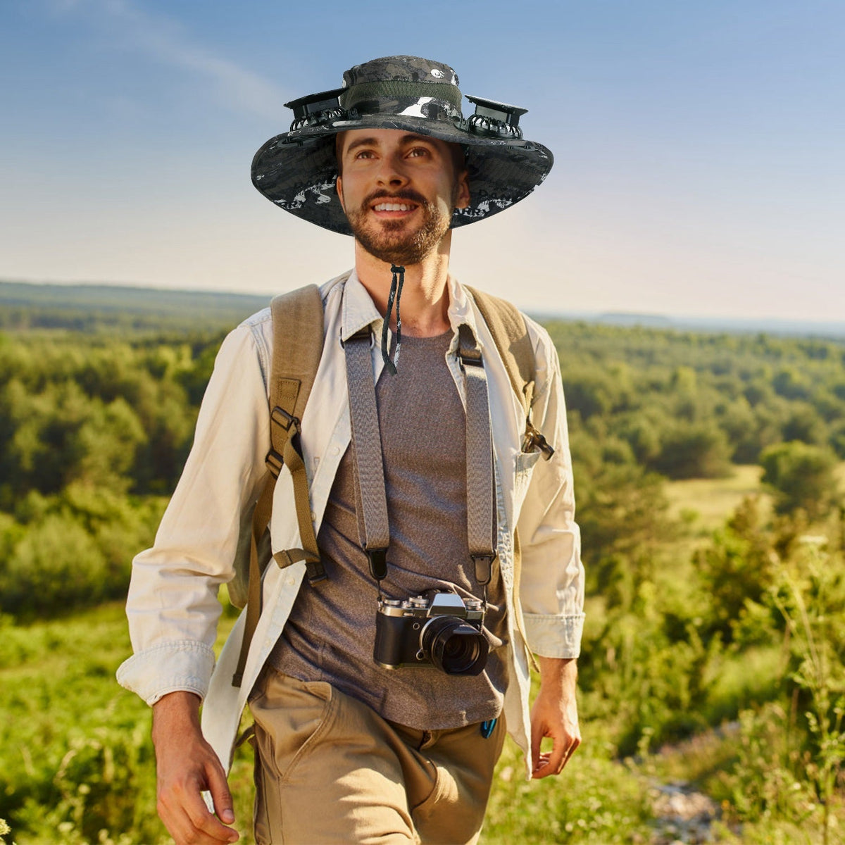 Outdoor Wide Brim Sun Hat With 2 Rechargeable Fans Solar Powered 3 Wind Speeds UPF50+ Breathable Waterproof Nylon Mesh Outdoor Hat For Hiking Camping