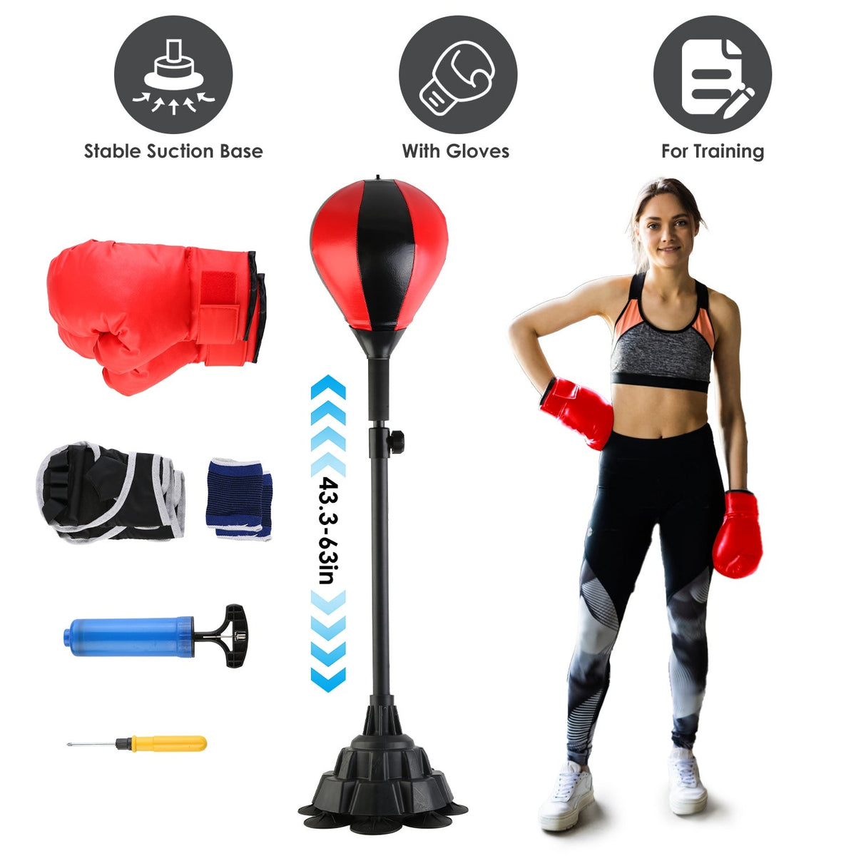 Punching Bag with Stand Free Standing Boxing Ball for Adults 43.3-63in Height Adjustable Boxing Bag with Gloves Wrist Sleeves Stable Suction Base for