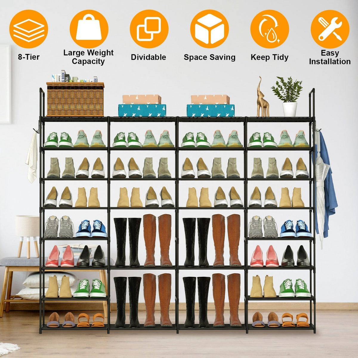 8-Tier 4-Row Shoe Rack Metal Shoe Storage Shelf Free Standing Large Shoe Stand 56 Pairs Shoe Tower Unit Tall Shoe Organizer with 2 Hooks for Entryway