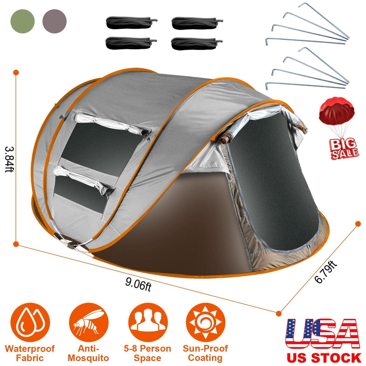 5-8 Person Pop Up Tent Automatic Setup Camping Tent Waterproof InstantÊSetup Tent with 4 Mosquito Net Windows Carrying Bag for Hiking Climbing Adventu