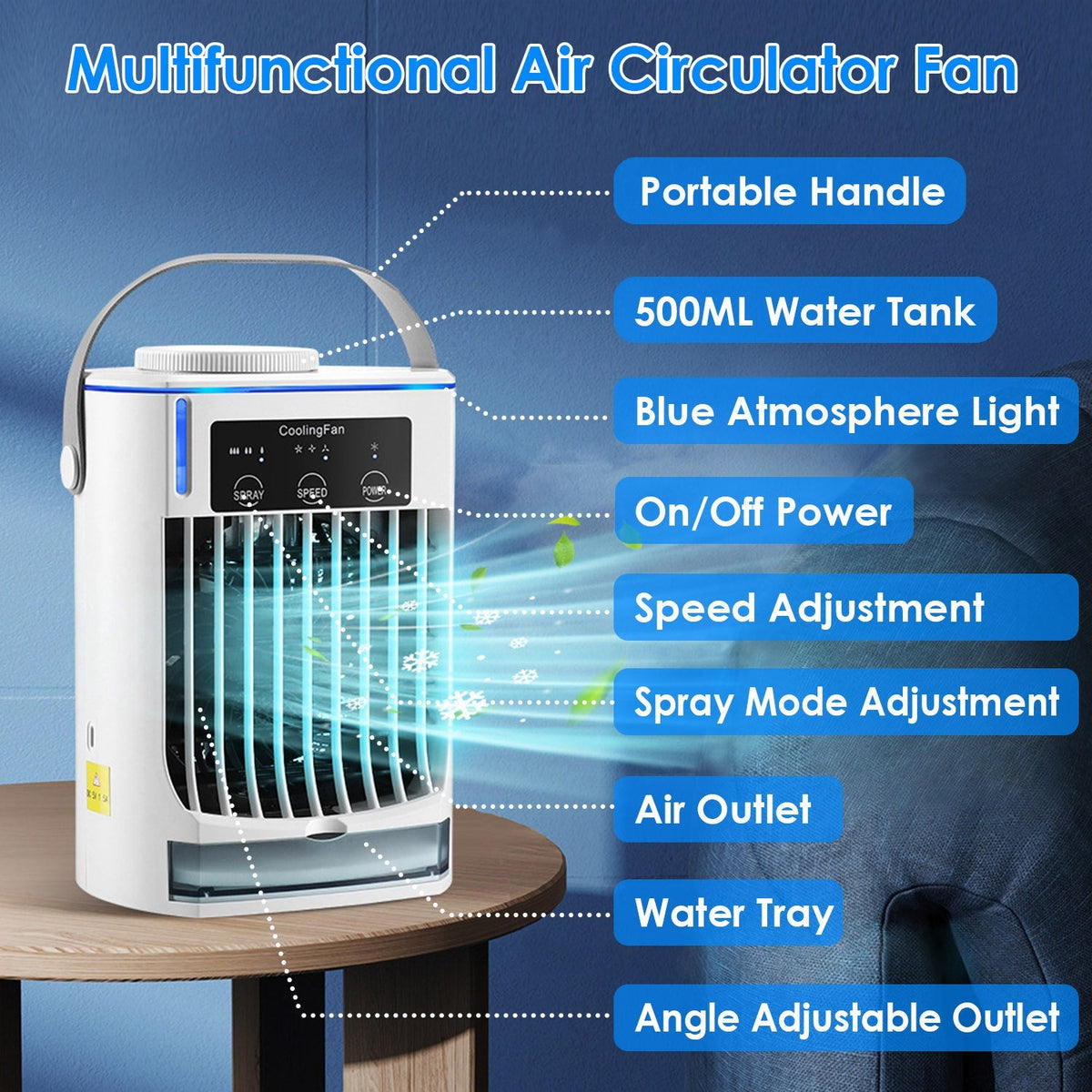 Portable Air Conditioner Fan Evaporative Humidifier 3 Speed Spray Personal Cold Mist Air Cooler Desk Table Fan Water Tank Night Light Adjustable Angel
