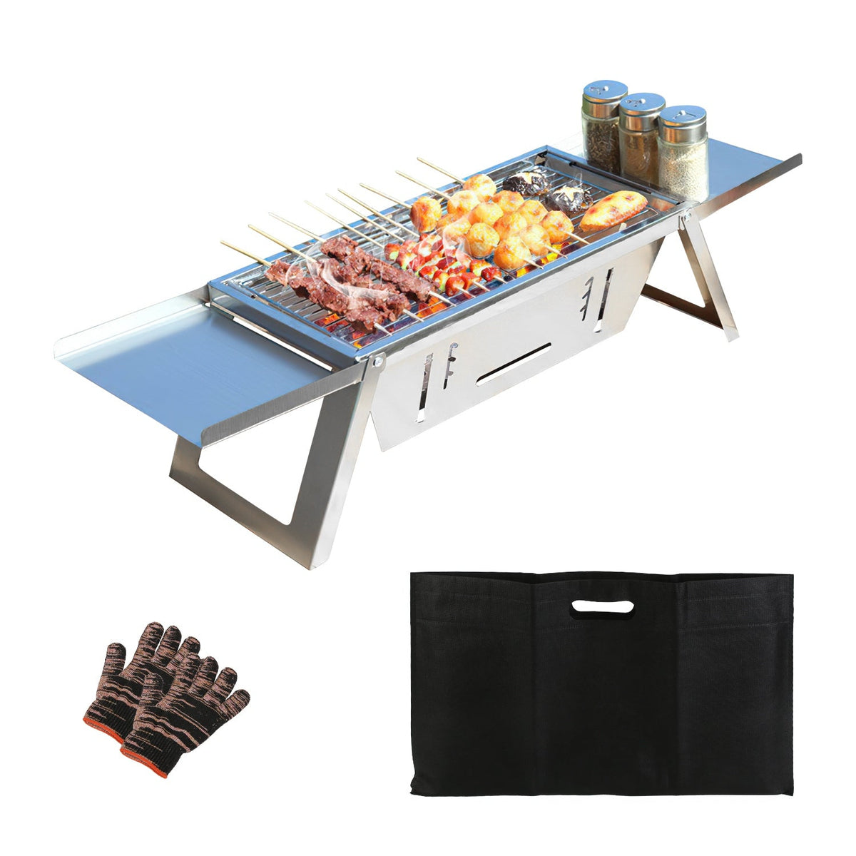 3 In 1 Foldable Charcoal Grill Fire Pit Slow Cooker 2-3 People Portable Camping Grill Stainless Steel BBQ Grill for Camping Tailgating Yard