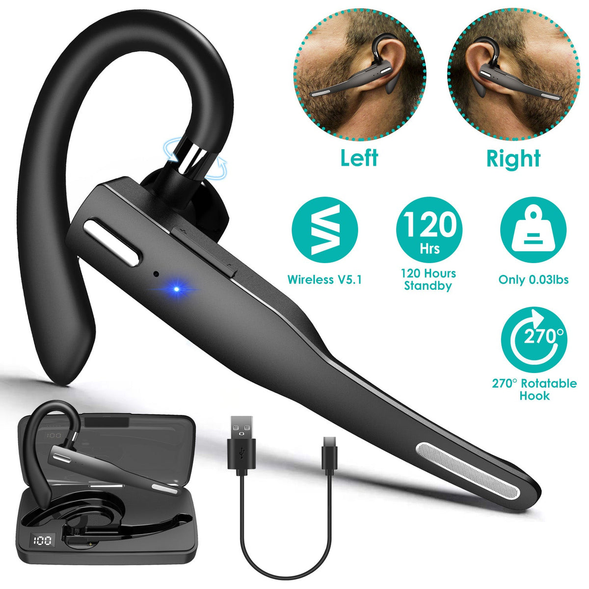 Unilateral Wireless V5.1 Business Earpiece with Charging Case Rechargeable Wireless in-Ear Headset with Hook for Car Driving Phone Call Office