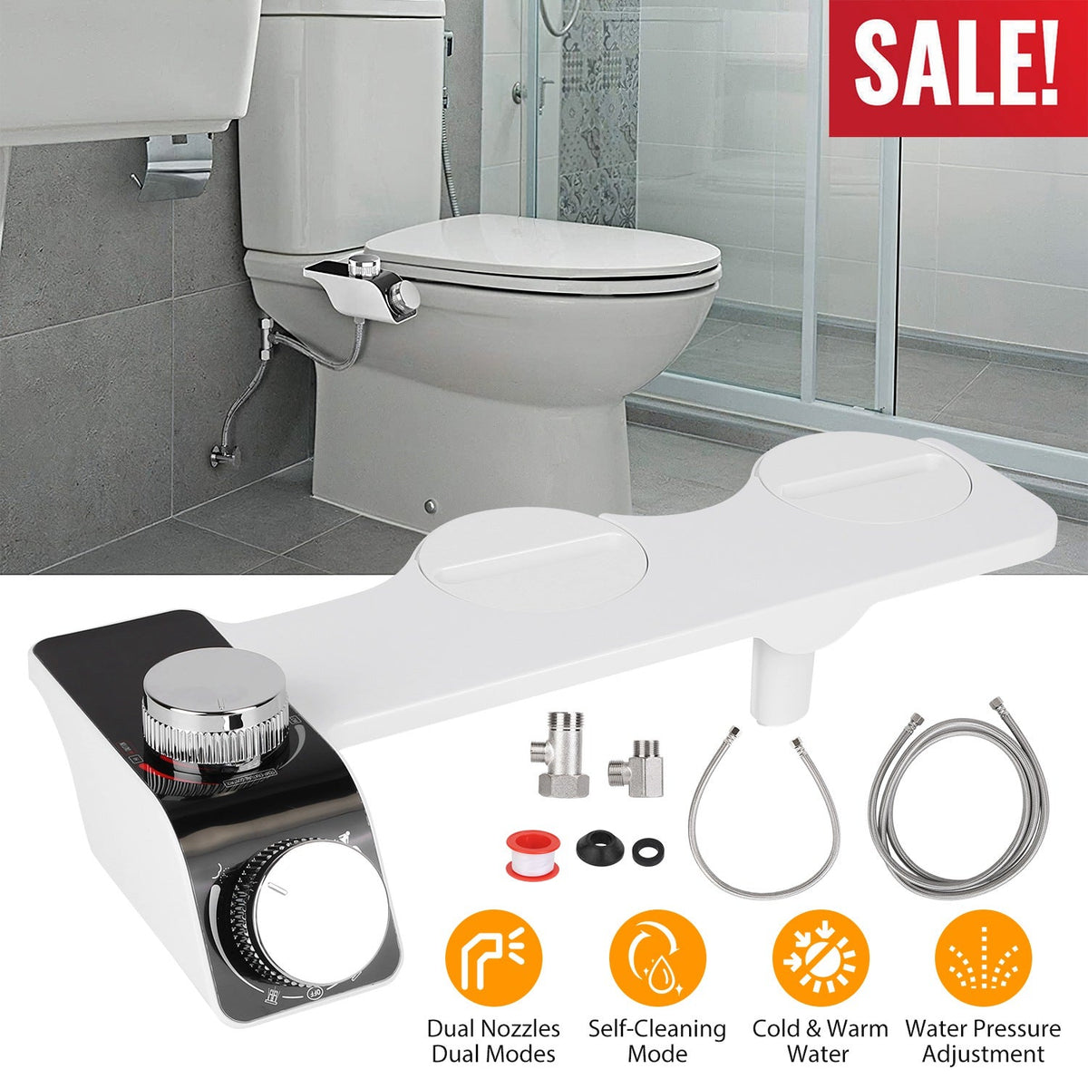 Bidet Attachment Non-Electric Fresh Water Bidet Sprayer Toilet Seat Attachment with Self Cleaning Dual Nozzles Cold Warm Water Temperature Pressure Co