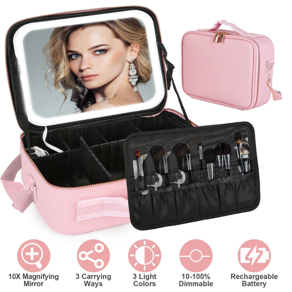 Travel Makeup Bag with LED Mirror Makeup Case Organizer with 3 Light Colors Adjustable Dividers Brush Holder Magnifying Mirror Shoulder Strap Luggage