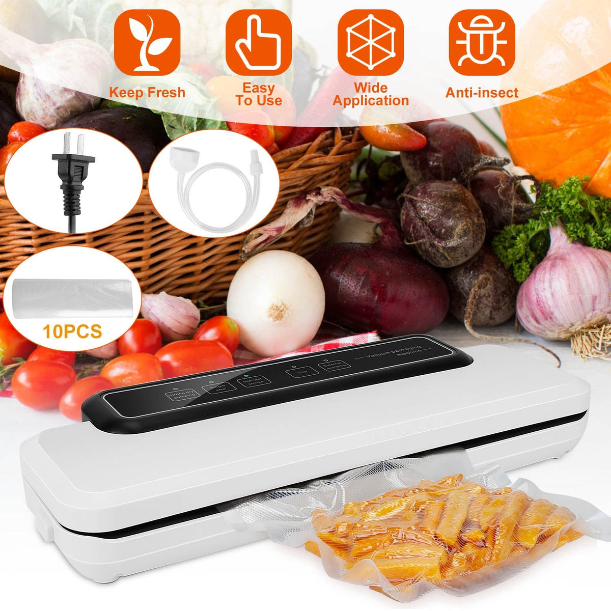 Electric Vacuum Sealer Machine Household Automatic Food Vacuum Sealer Quick Sealing System Machine For Fresh Food Dry Moist Food w/ 10Pcs Bags