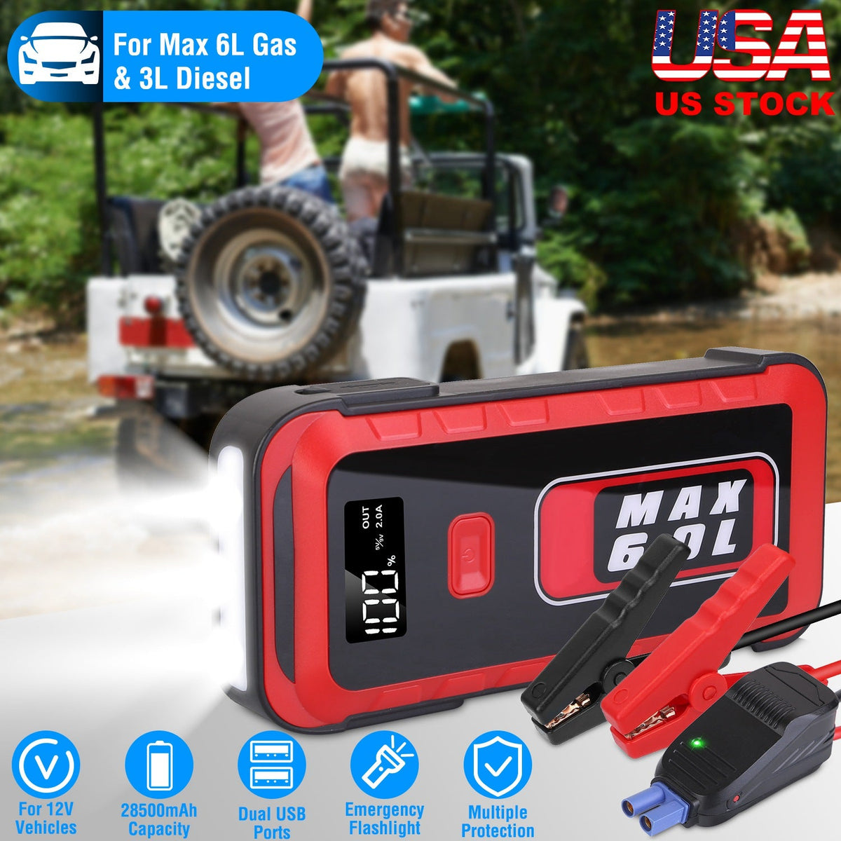 Car Jump Starter Booster 2500A Peak 25800mAh Battery Charger Power Bank with 4 Modes LED Flashlight for Up to 6.0L Gas or 3.0L Diesel Engine Car