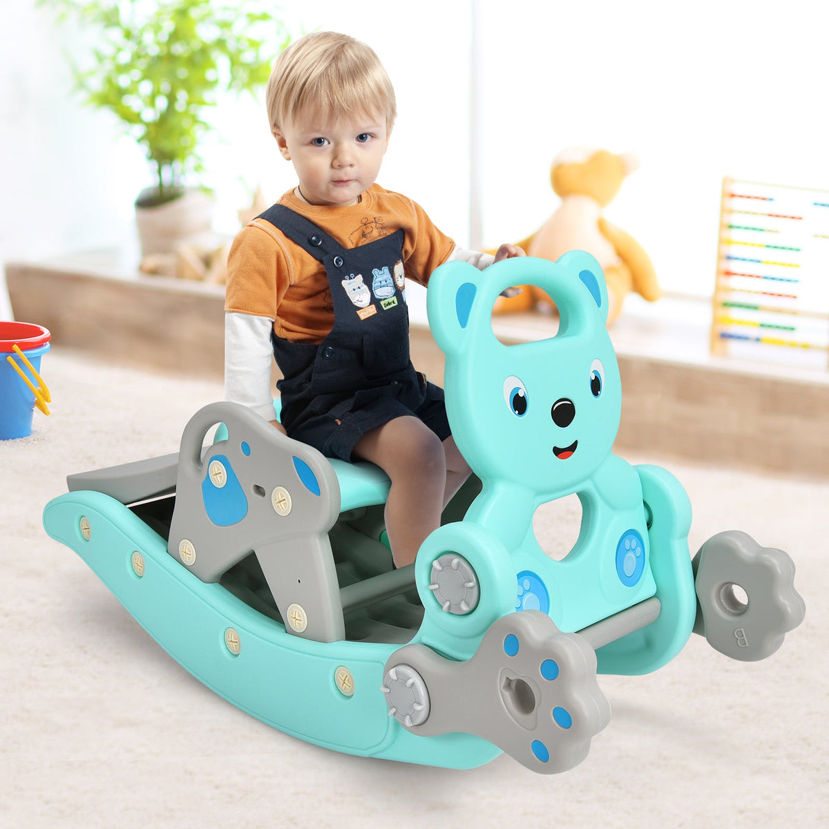 4-in-1 Toddler Slide and Rocking Horse Playset with Basketball Hoop-Blue