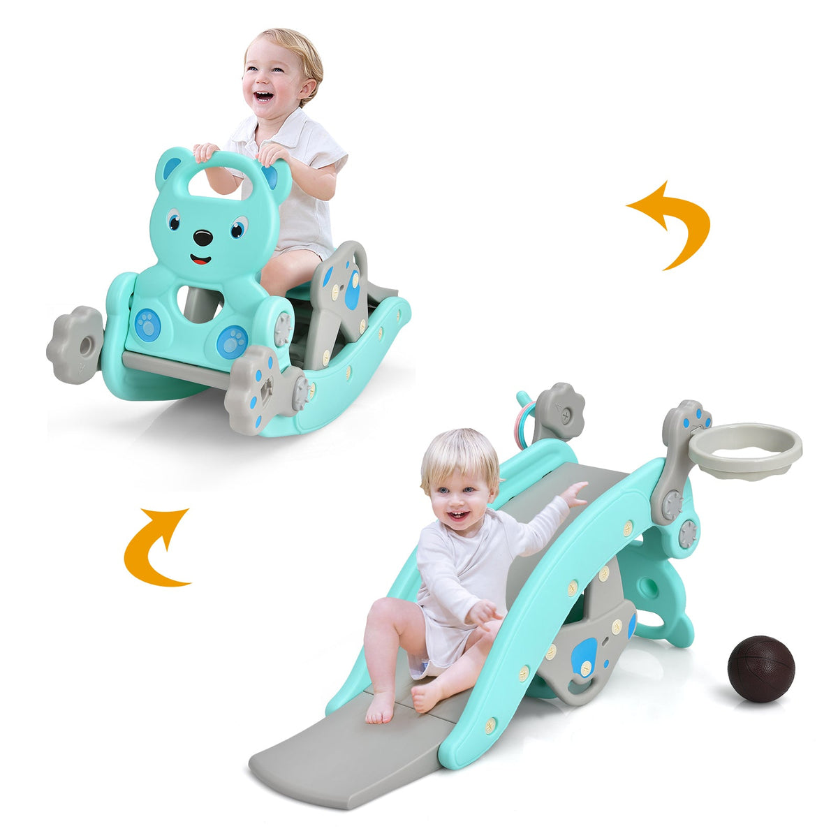 4-in-1 Toddler Slide and Rocking Horse Playset with Basketball Hoop-Blue