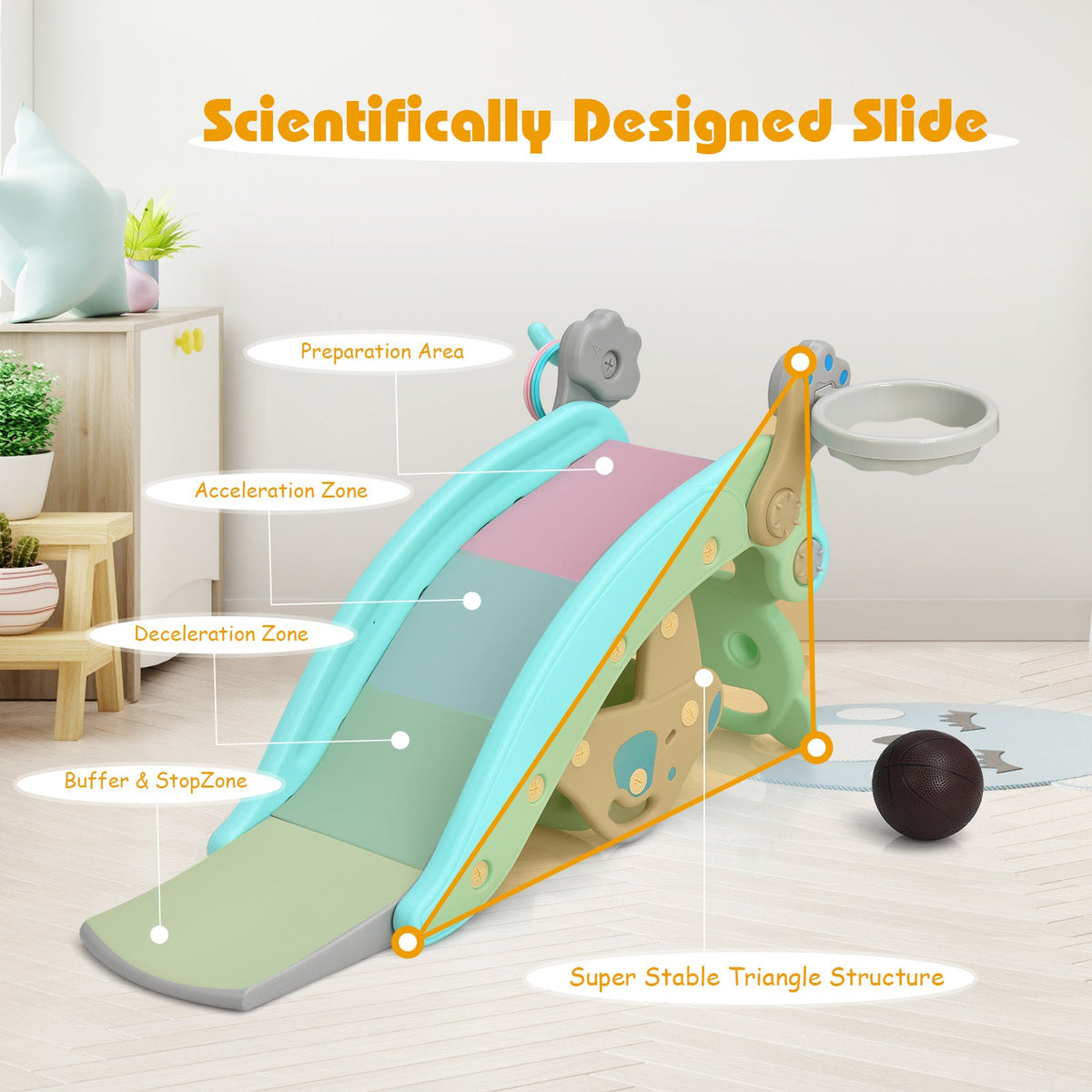4-in-1 Toddler Slide and Rocking Horse Playset with Basketball Hoop-Blue