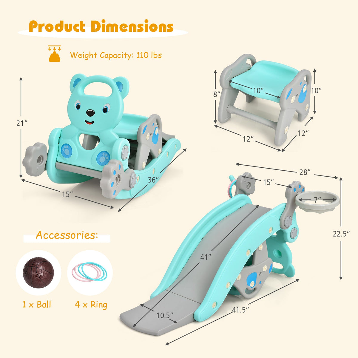 4-in-1 Toddler Slide and Rocking Horse Playset with Basketball Hoop-Blue