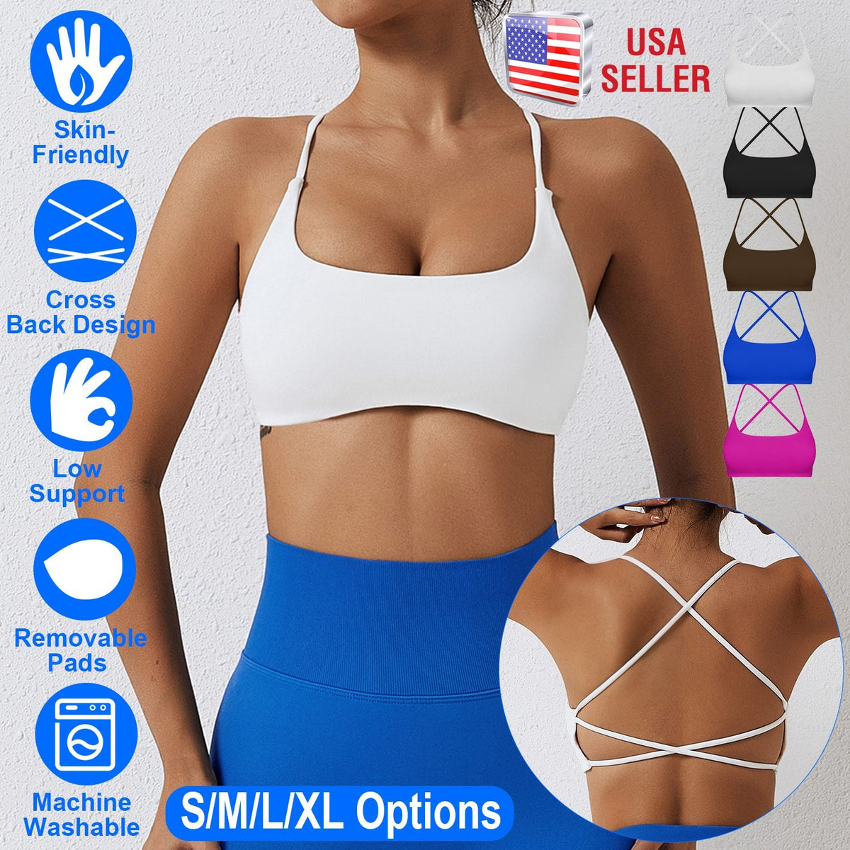 Women Cross Back Sport Bras Padded StrappyÊCrop Open Back Low Impact Bras SexyÊFitnessÊTank Tops with Removable Pads Thin Straps for Gym Yoga Workout