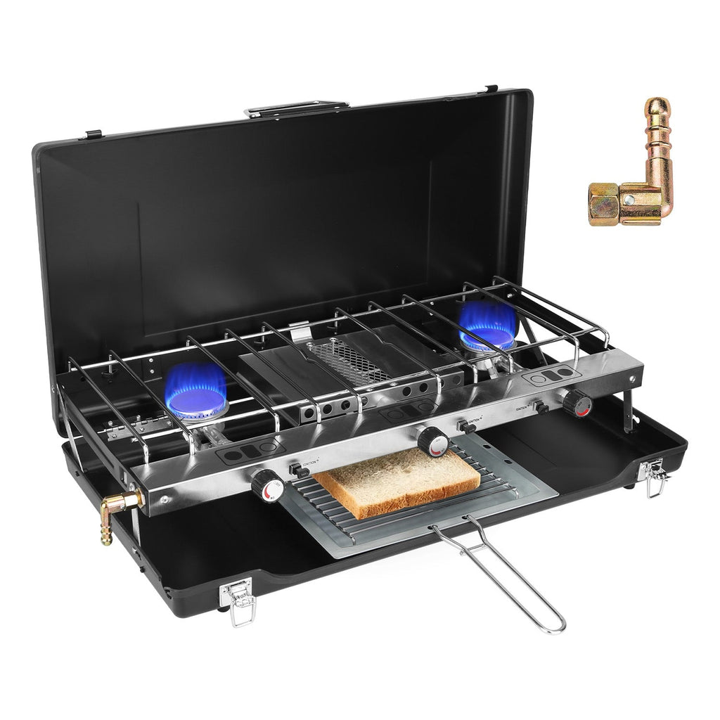 3 Burner Camping Stove 20000 BTU Portable Foldable Propane Stove With Toast Tray Windshield Portable Handle Outdoor Cooking Gas Stove For RV Camping B