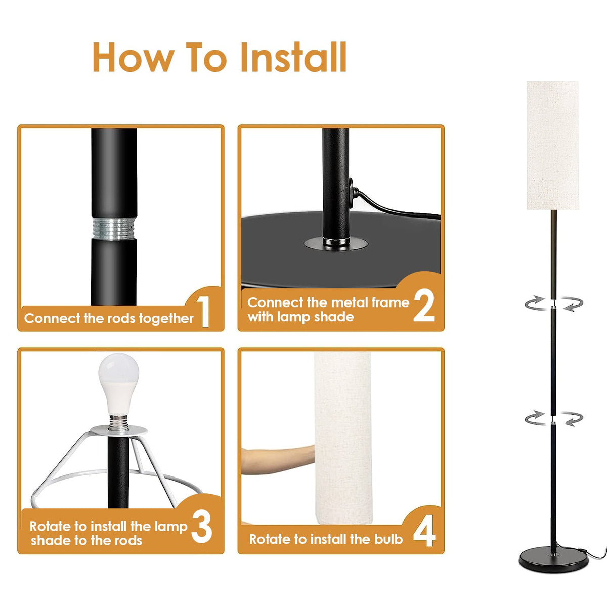 74.8in Tall Floor Lamp with Shade 3200K Warm Yellow Light Modern Standing Lamp Decorative Lamp with Foot Switch 6W Bulb for Bedroom Living Room