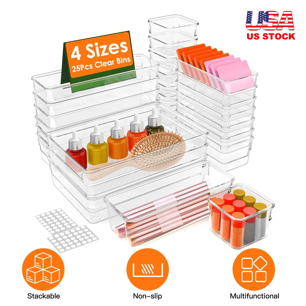25Pcs Clear Plastic Drawer Organizers Set 4 Sizes Desk Drawer Dividers Trays Storage Bins for Vanity Cabinet Makeup Bathroom Office Kitchen Bedroom Je