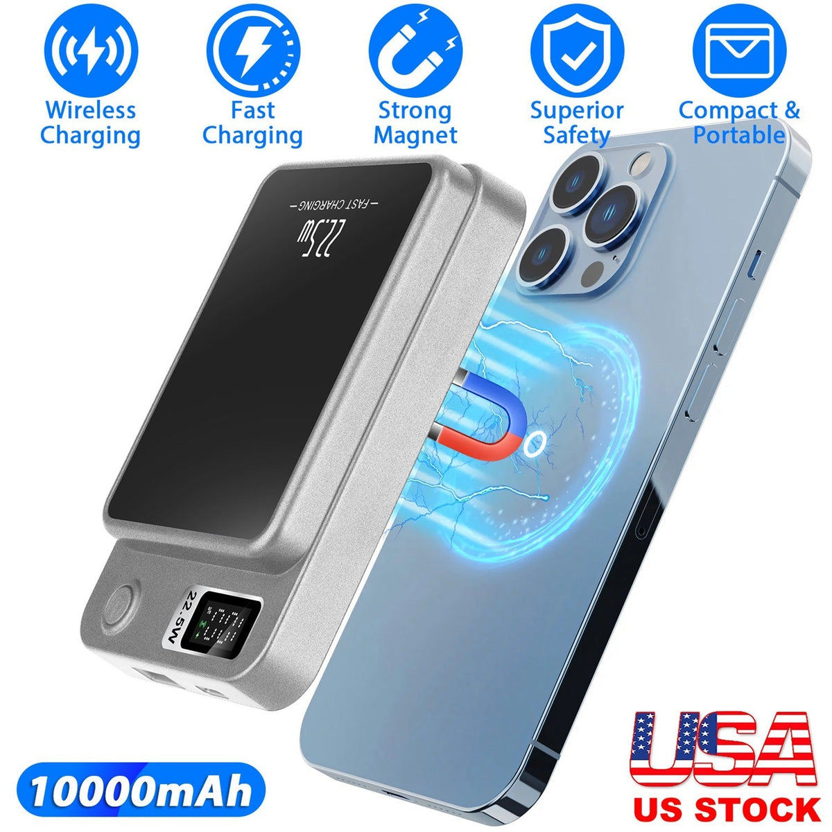 2 In 1 Magnetic Wireless Power Bank 10000mAh PD20W Fast Charger MagSafe Wireless Power Bank Fit for IOS Phones IOS Phone 14 Series And More