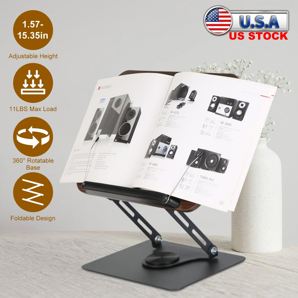 Book Stand for Reading Foldable Wood Book Holder Reading Rack Paper Stand with Adjustable Height 360¡ Rotatable Base Dual Paper Clips for Book Sheet M