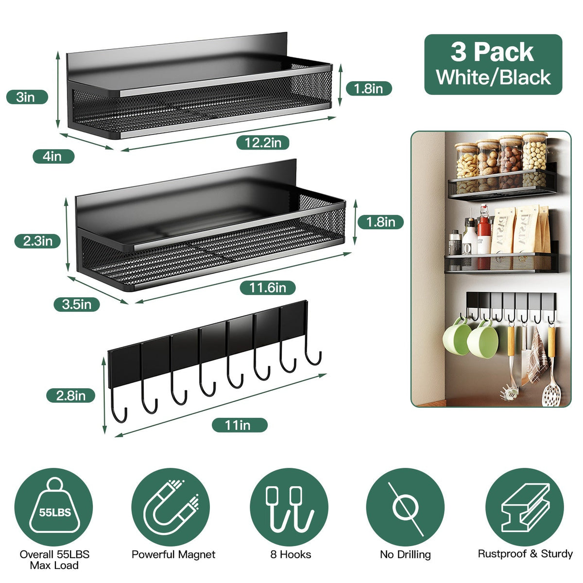 3 Pack Strong Magnetic Spice Rack with 8 Hooks Fridge Oven Microwave Magnetic Storage Shelves Seasoning Holder Organizer for Jars Seasoning Tins Utens
