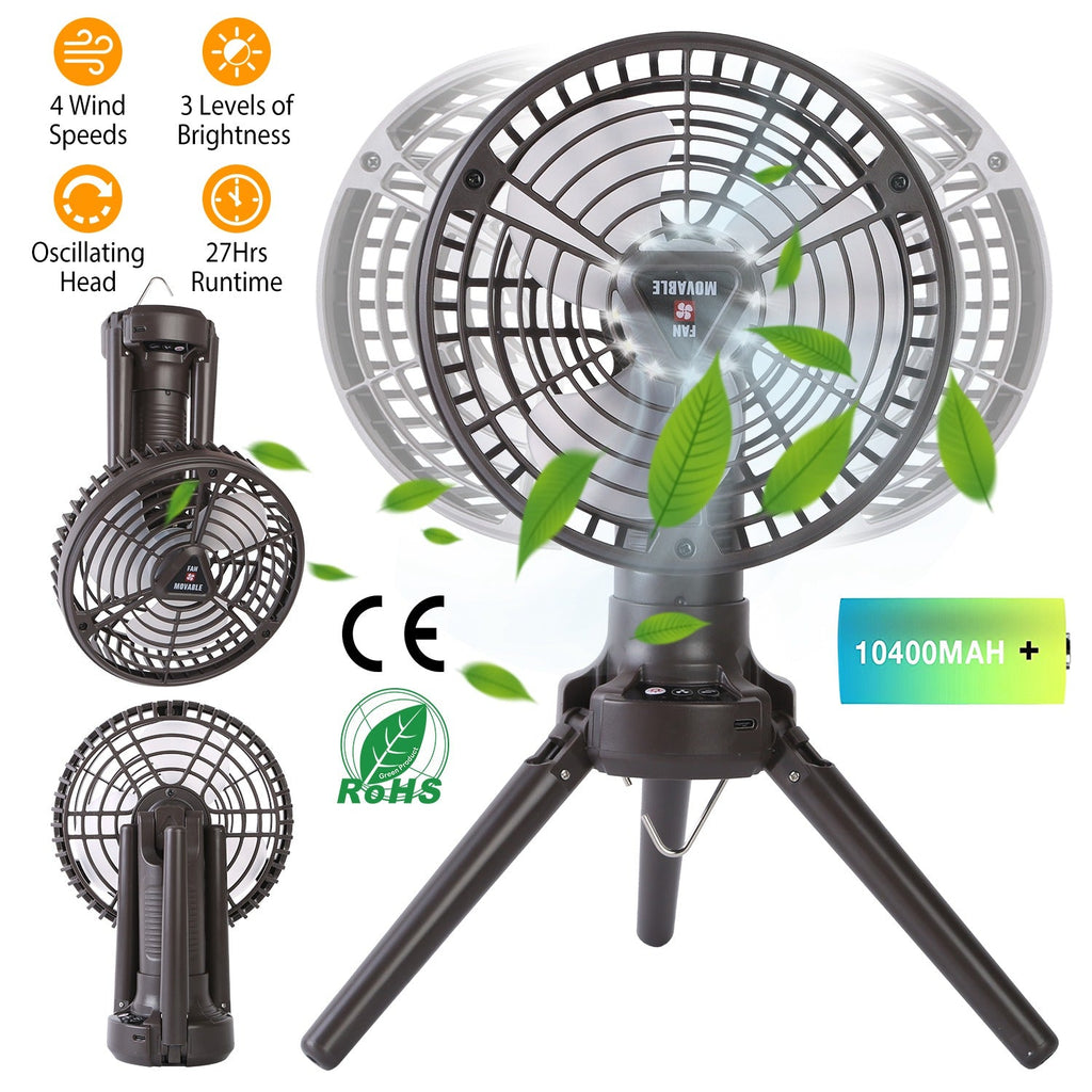 10400mah Portable Camping Fan with LED Light Rechargeable Tripod Tent Hanging Fan Lantern Portable Foldable Oscillating Table Fan with 3 Brightness 4