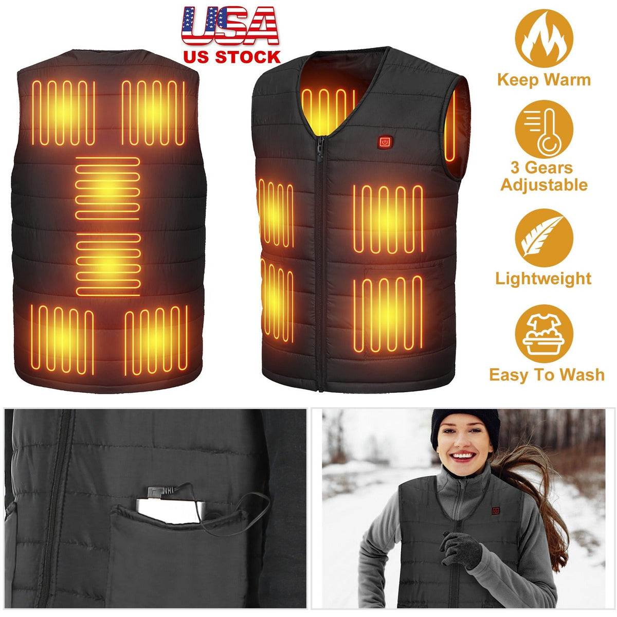 Heat Jacket Vest 3 Heating Gear Adjustable USB Heated Vest Warm Heat Coat Vest with 10 Heating Pads For Men Women Winter Outdoor Activity