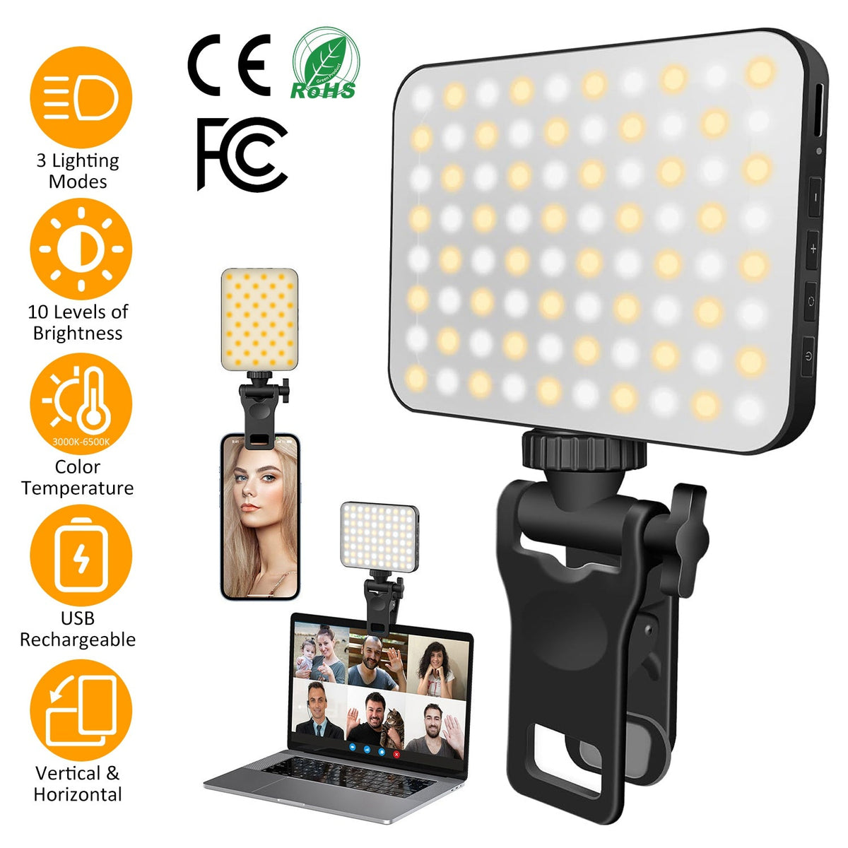 Rechargeable Selfie Light Fill Light 2000mAh Portable Clip On Light with 3 Light Modes 10 Brightness Levels for Phone Laptop Live Stream Make up Photo