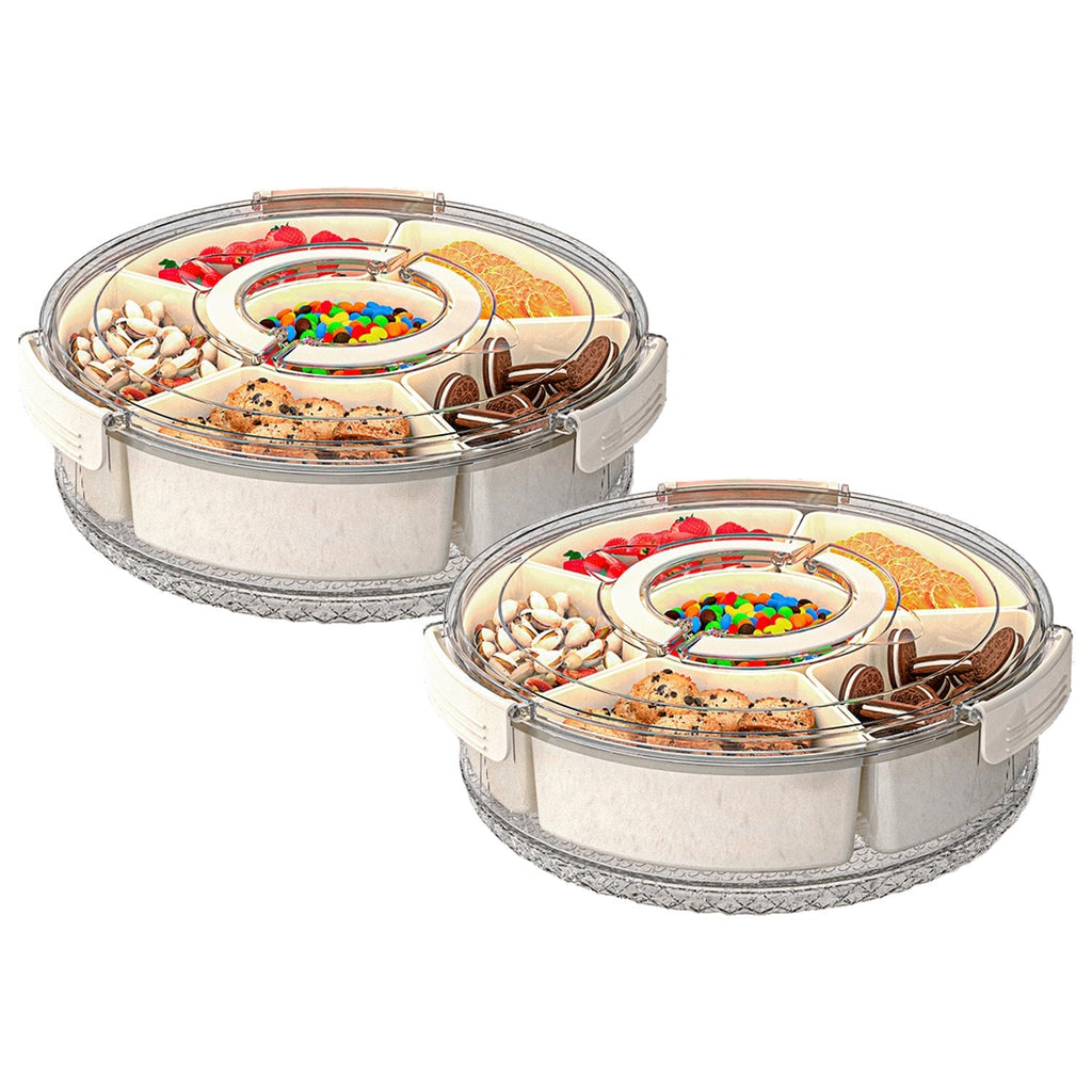 2Pcs Divided Serving Tray with Lid and Handle 360¡ Rotatable Snack Box Container with 6 Dividers Clear Portable Snack Platters for Fruit Candy Nut Sna