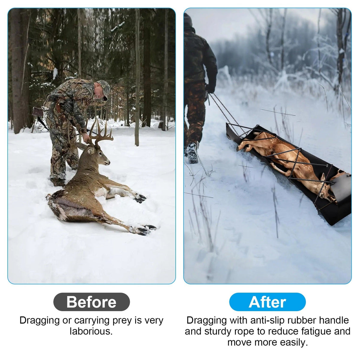 Deer Drag Sled with Handle Deer Cart Game Hauler Snow Sledding Pad Hunting Gear Supplies with 32.8FT Black Rope 16.1FT White Rope for Hunting Ice Fish