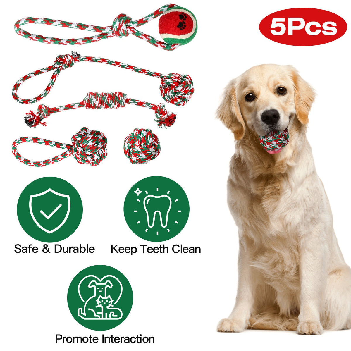 5Pcs Christmas Dog Rope Chew Toys Dog Interactive Toys Set for Puppy Small Medium Aggressive Chewers Dogs Training Teething Playing