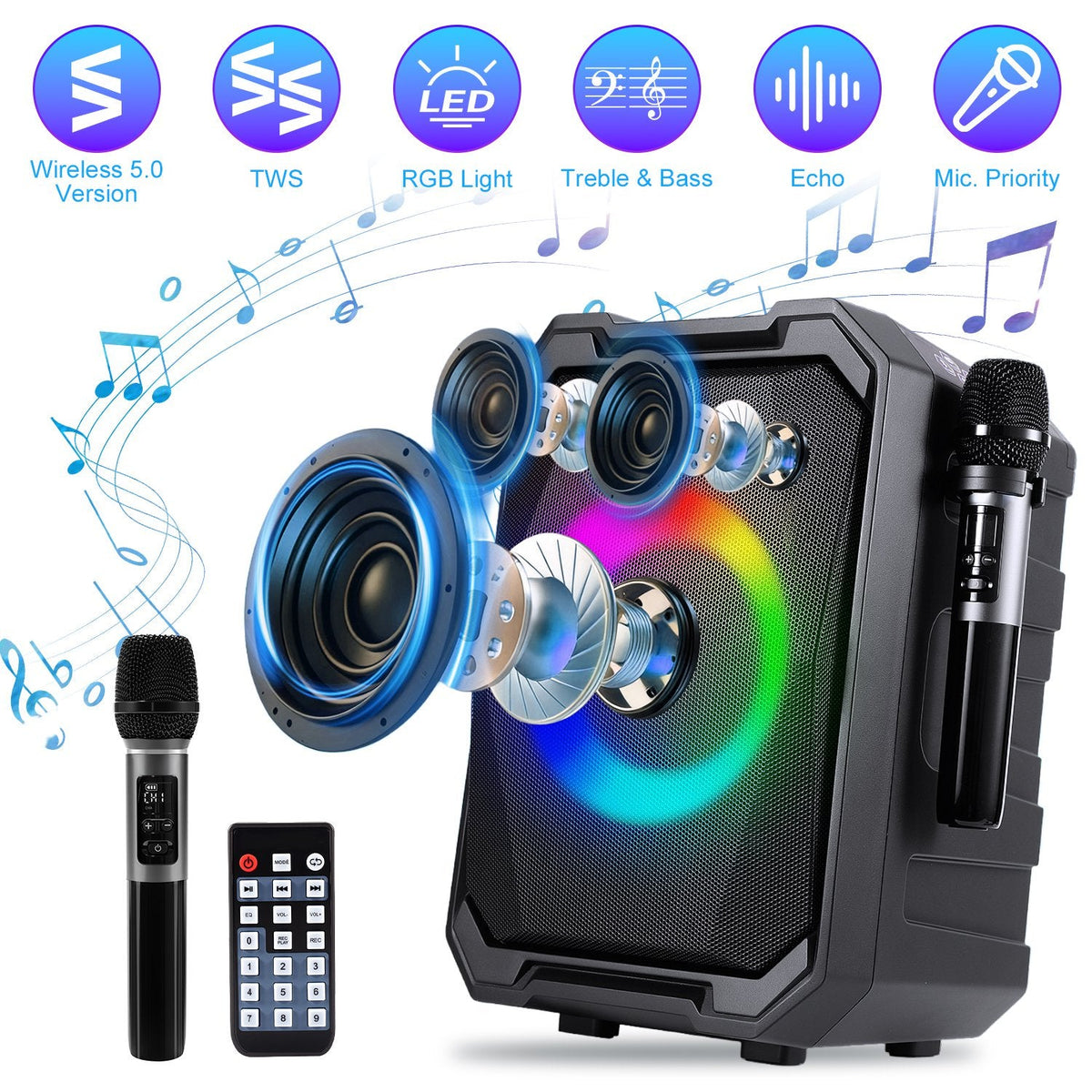 Portable Wireless Party Speaker | LED Lights, 2 Wireless Mics, Remote, TWS & Guitar Input