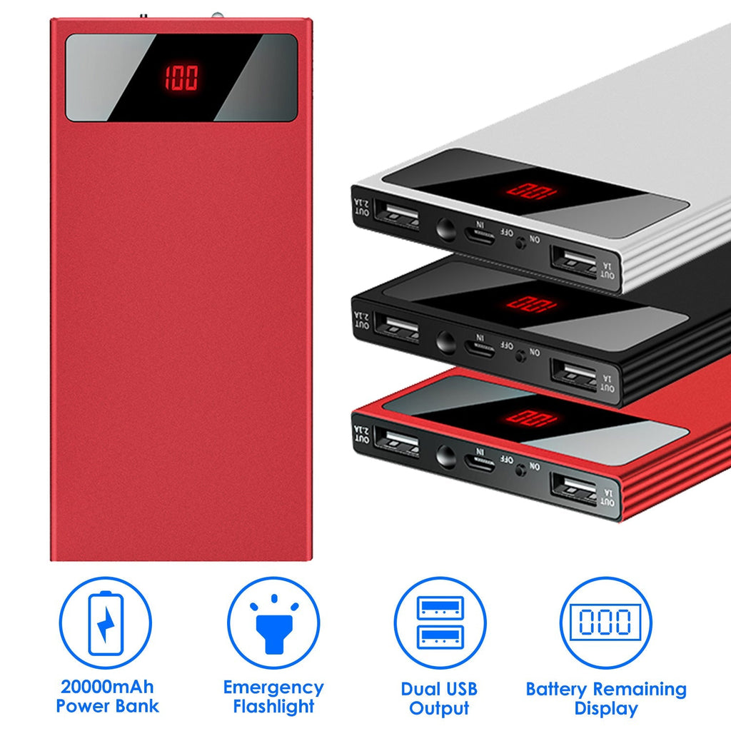20000mAh Power Bank Ultra-thin External Battery Pack Phone Charger Dual USB Ports Flashlight Battery Remain Display