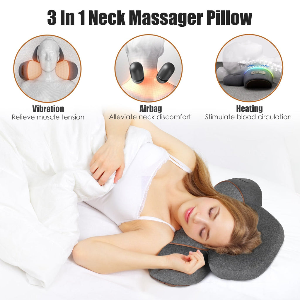 3 In 1 Neck Massager Pillow With Vibration Heating Therapy Airbag Stretching Memory Foam Fillings Ergonomic Cervical Massager With Portable Storage Ba