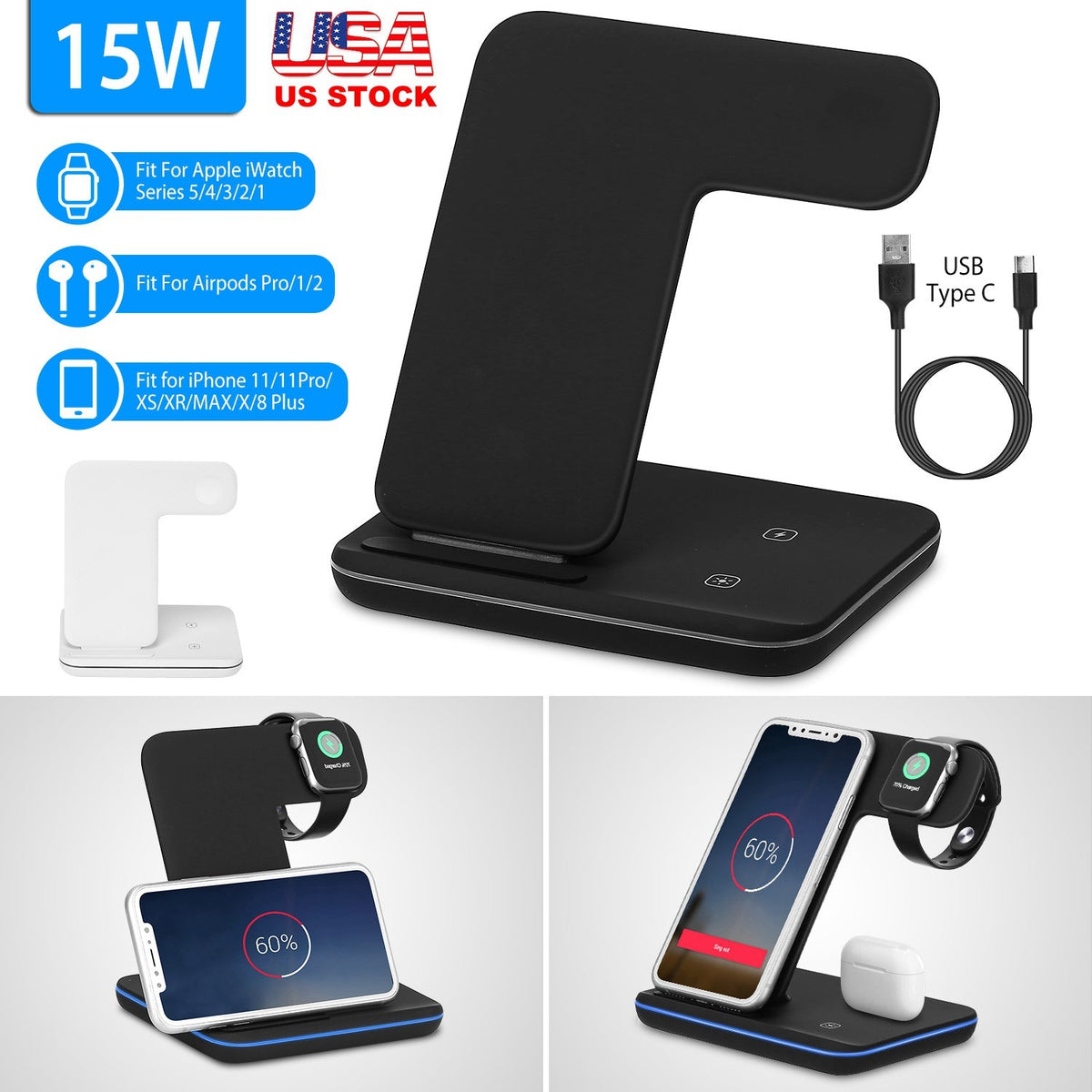 Wireless Charger 3 in 1 Charger Stand 15W Fast Charging Station Dock for iWatch Series 5/4/3/2/1 AirPods iPhone 11/11 Pro/Xs/X Max/XR/X/8/8Plus Samsun