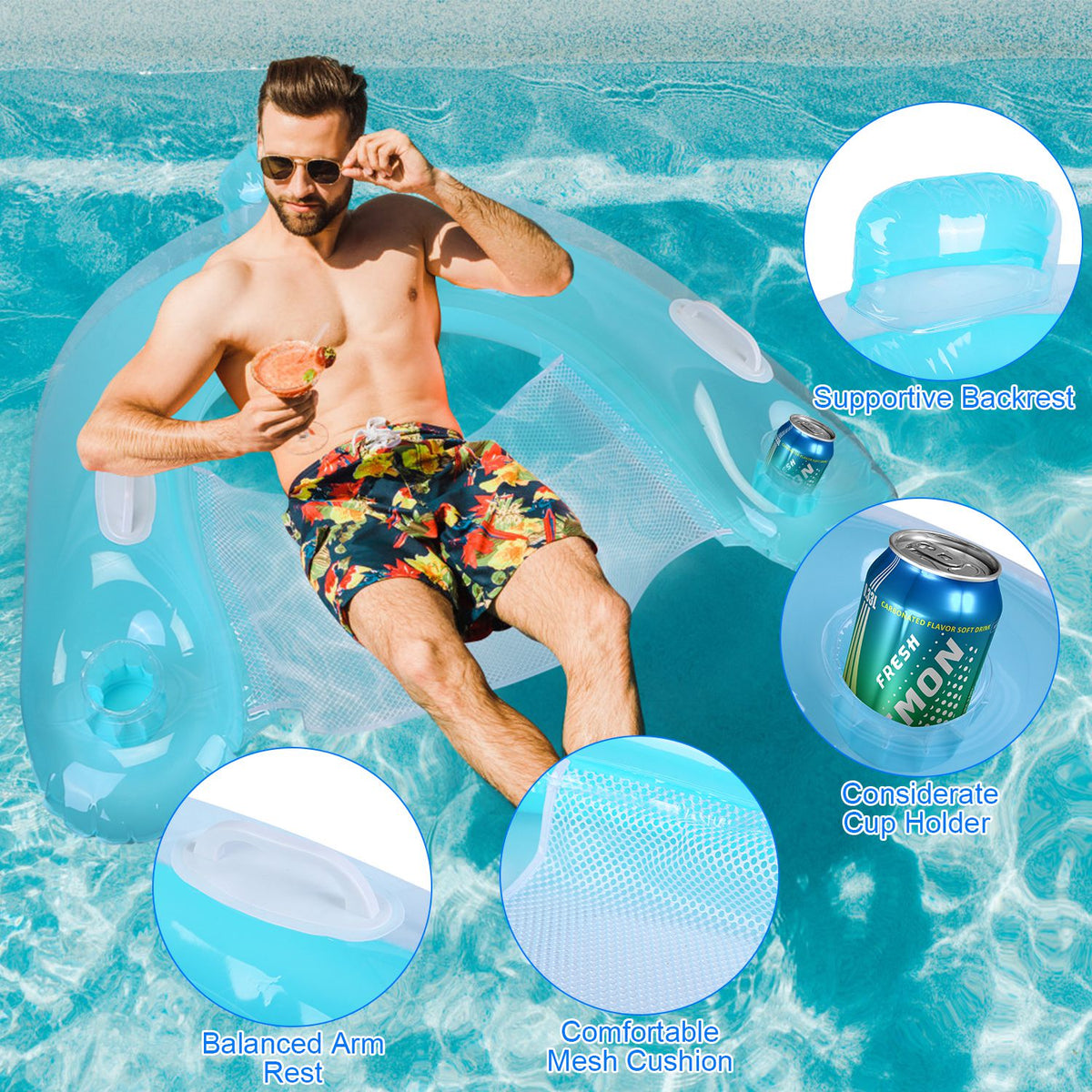 2Pcs Inflatable Float Pool Chair 286lbs Load Water Lounger Floating Mattress with Cup Holder Arm Rest Outdoor Pool Party Beach