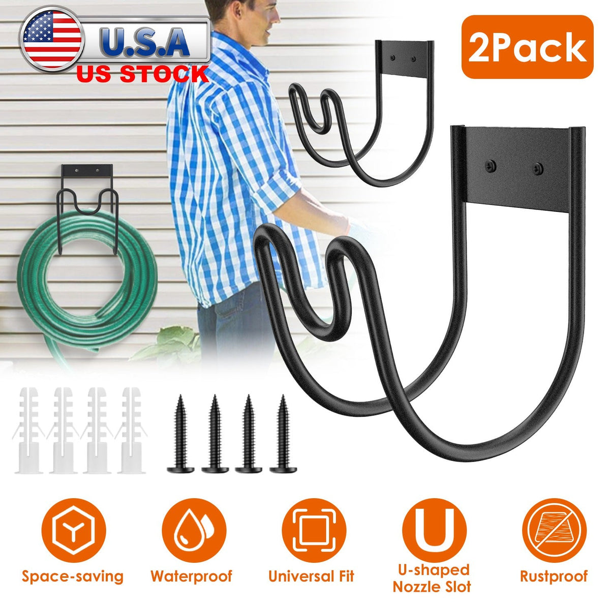 2Pack Heavy Duty Garden Hose Holder Stainless Steel Hose Hook Metal Hose Rack Reel Organizer for Water Hose Extension Cords