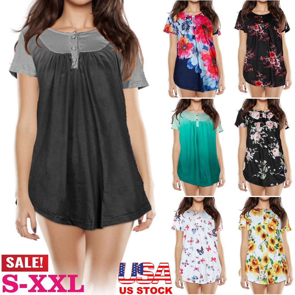Women Summer Shirts Tops Loose Short Sleeve T Shirts Casual Floral Printed Button Shirts Blouse S-XXL