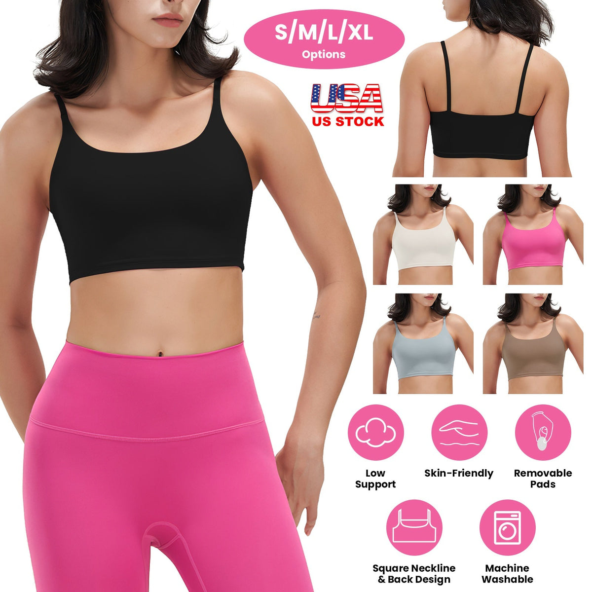 Women Strap Sport Bras Padded StrappyÊCrop Square Neck Low Impact Bras SexyÊFitnessÊTank Tops with Removable Pads Flat Straps for Gym Yoga Workout Run