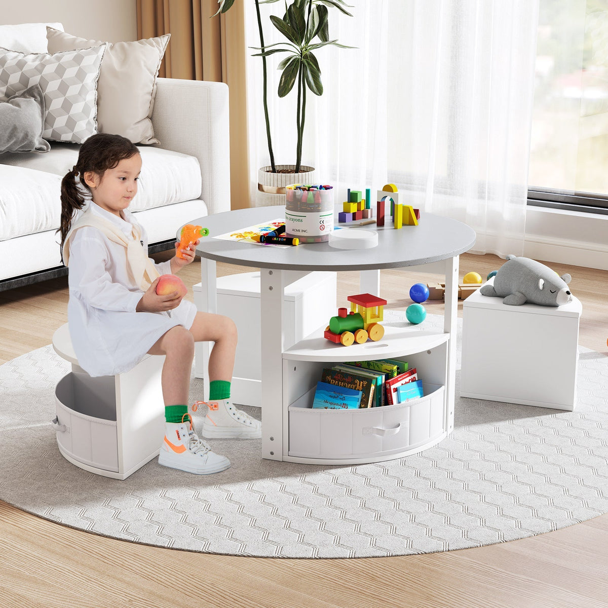 5 Piece Toddler Round Nesting Table with 4 Storage Stools for Activity