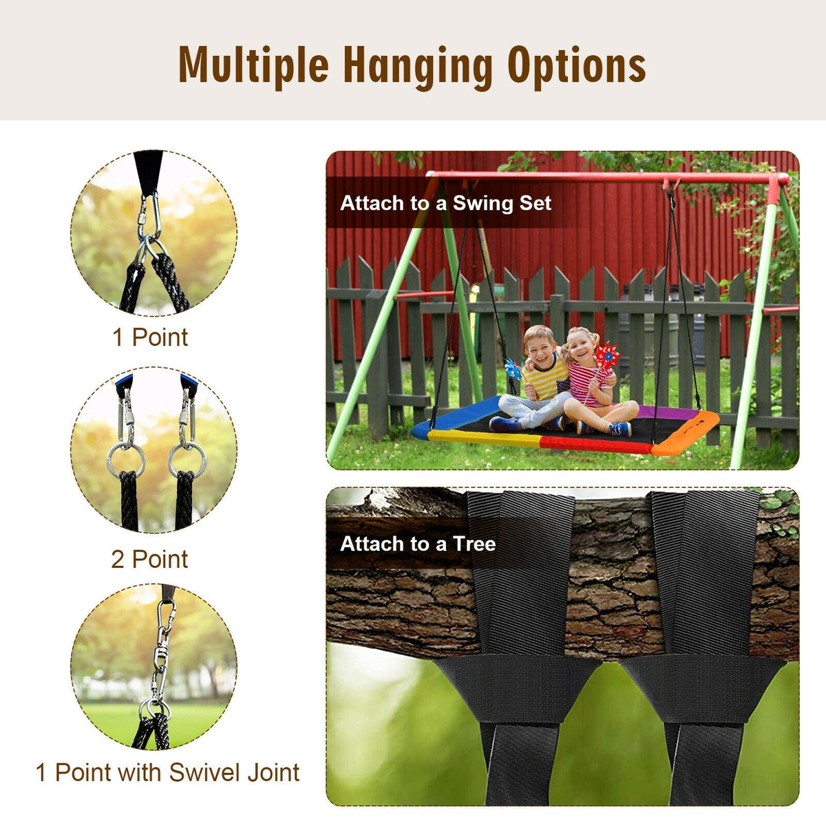 60 Inches Platform Tree Swing Outdoor with  2 Hanging Straps-Multicolor