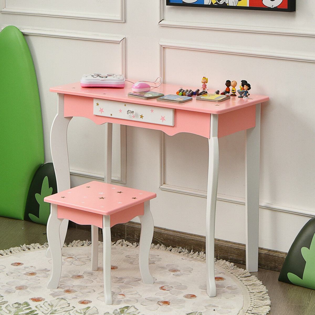 Kids Princess Vanity Table and Stool Set with Tri-folding Mirror and Drawer-Pink