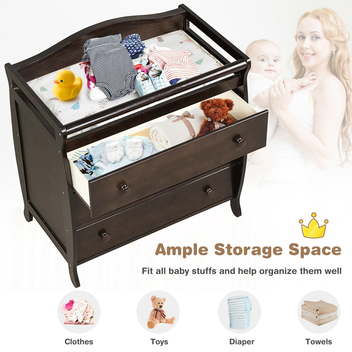 Baby Changing Table Infant Diaper with 3 Drawers and Safety Belt-Brown