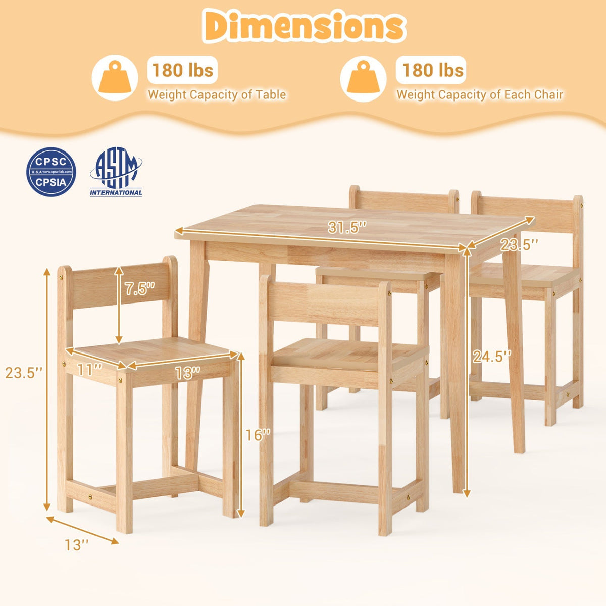 5-Piece Kids Table and Chairs Set Solid Rubber Wood Toddler Activity Table
