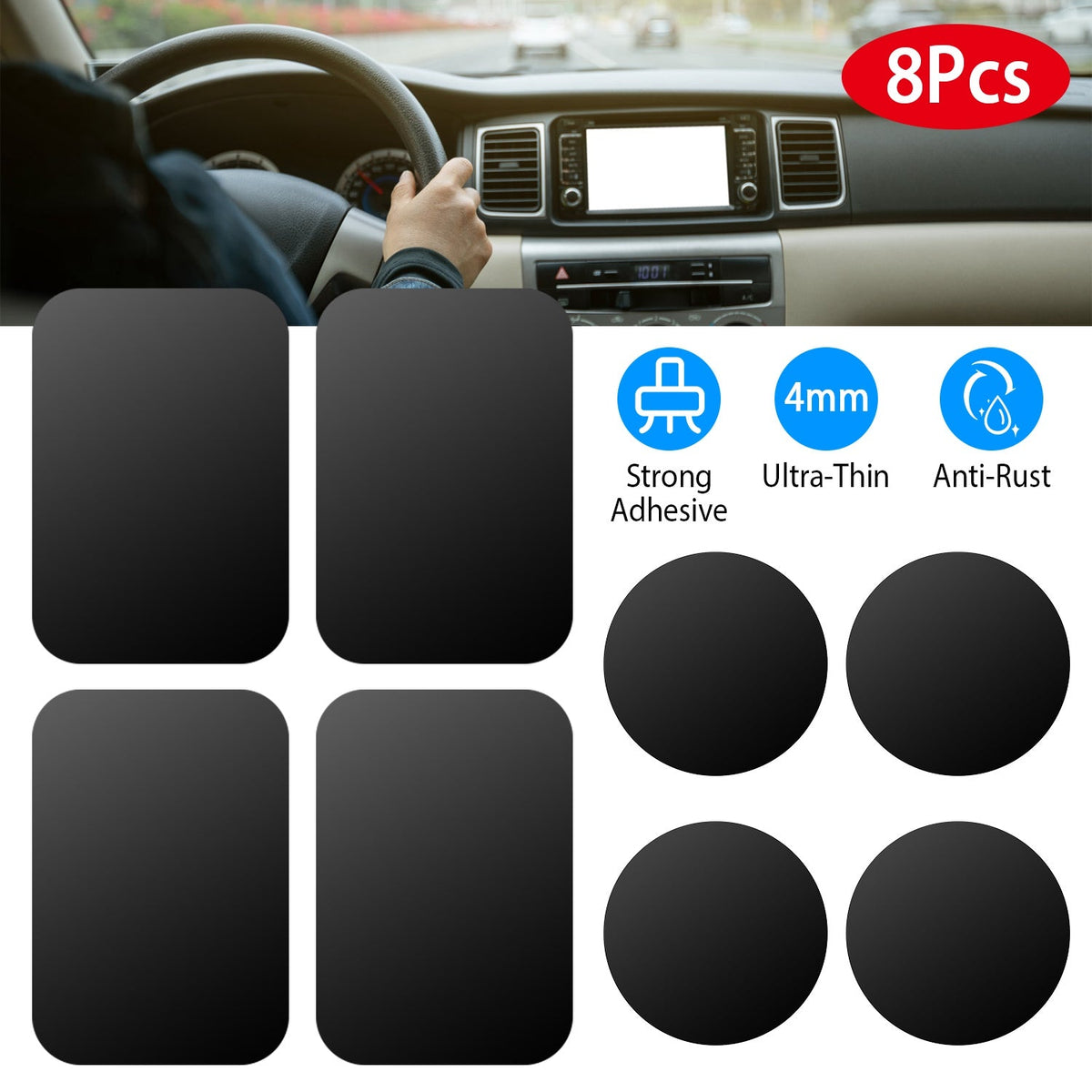 8Pcs UniversalÊMetal Plates with Strong Adhesive 4Pcs Round and 4Pcs Rectangle Metal Plates for Magnetic Car Mount Phone Holder