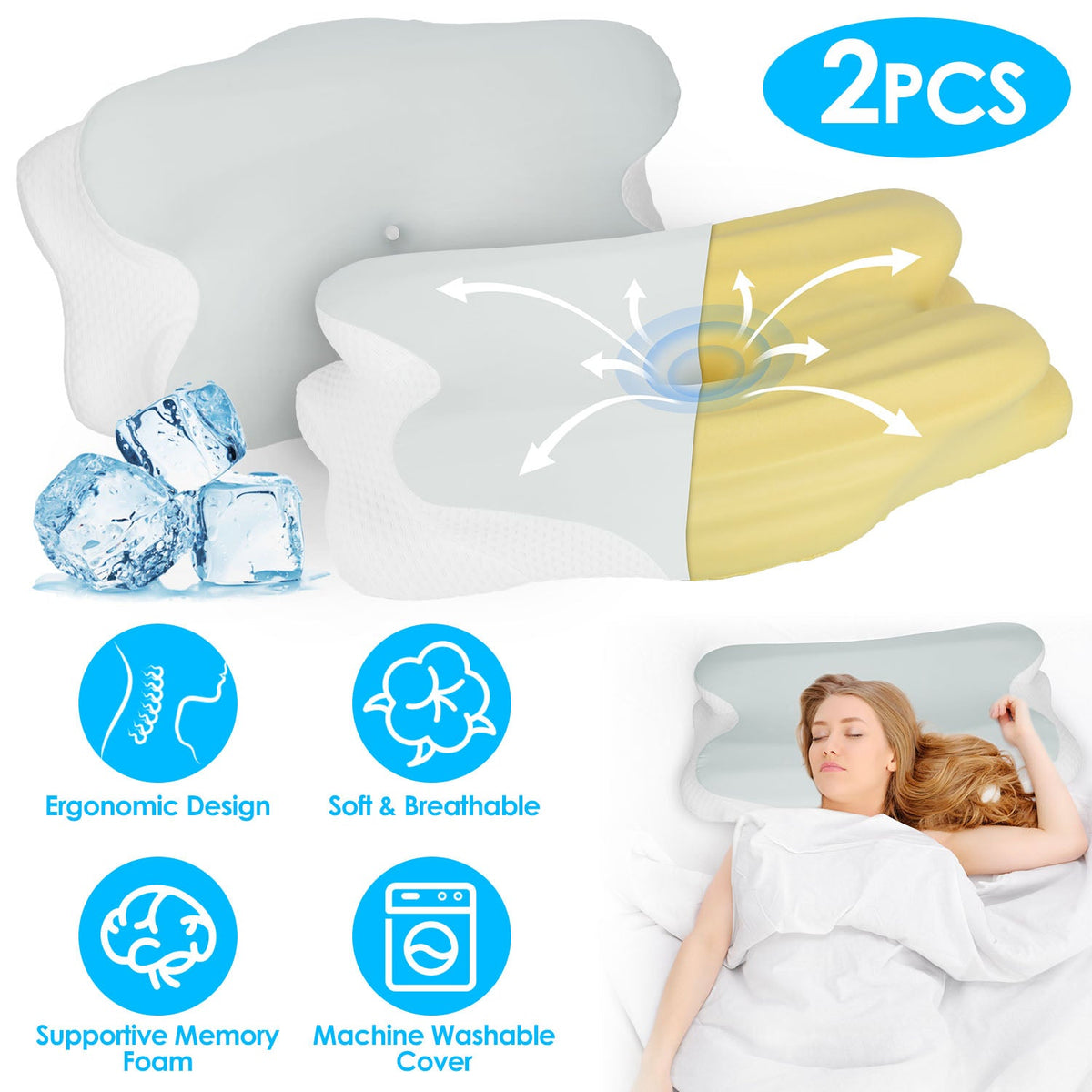 2 Pack Orthopedic Memory Foam Pillows with Cooling Case Neck Support Pillows with Machine Washable Case for Side Back Stomach Sleepers
