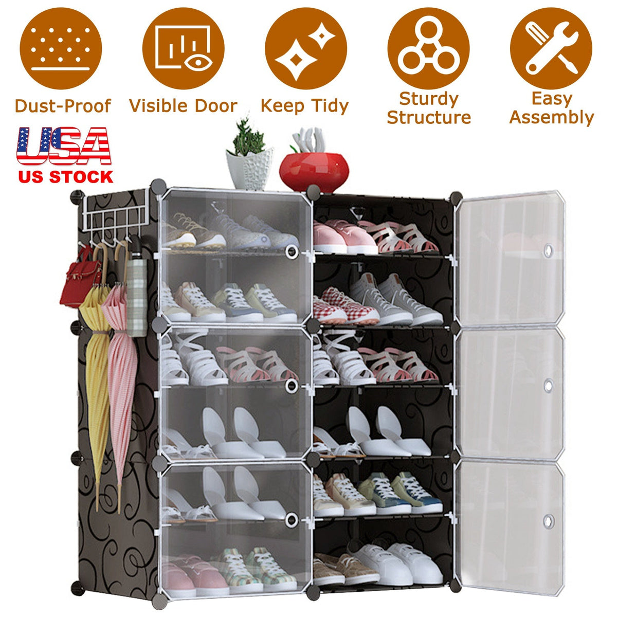 6-Tier 2-Row Shoe Rack Organizer Stackable Free Standing Shoe Storage Shelf Plastic Shoe Cabinet Tower with Transparent Doors for Heels Boots Slippers
