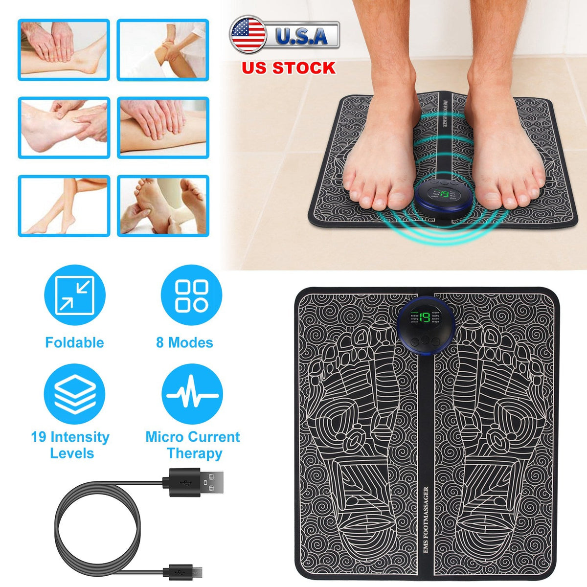 Foot Massage Pad Electric Stimulator Massager Unit Leg Reshaping Muscle Pain Relax Foldable Massage Mat with 8 Modes 19 Intensity Levels Remote Contro