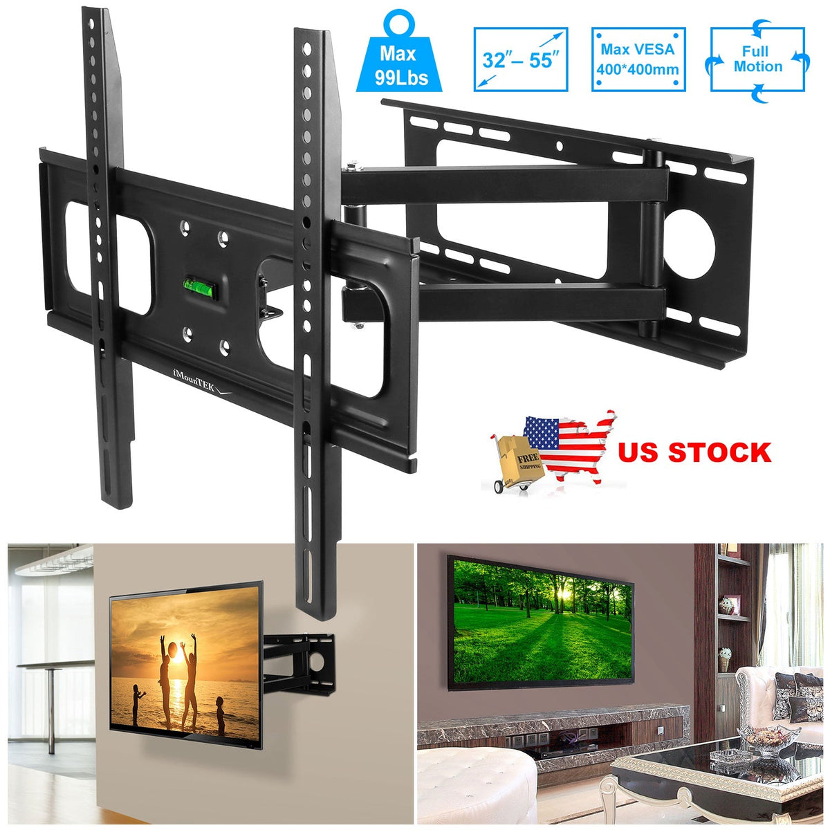 TV Wall Mount Swivel Tilt Full-Motion Articulating Wall Rack For 32in-55in TVs 99lbs Max Bearing Support VESA Up To 400x400mm